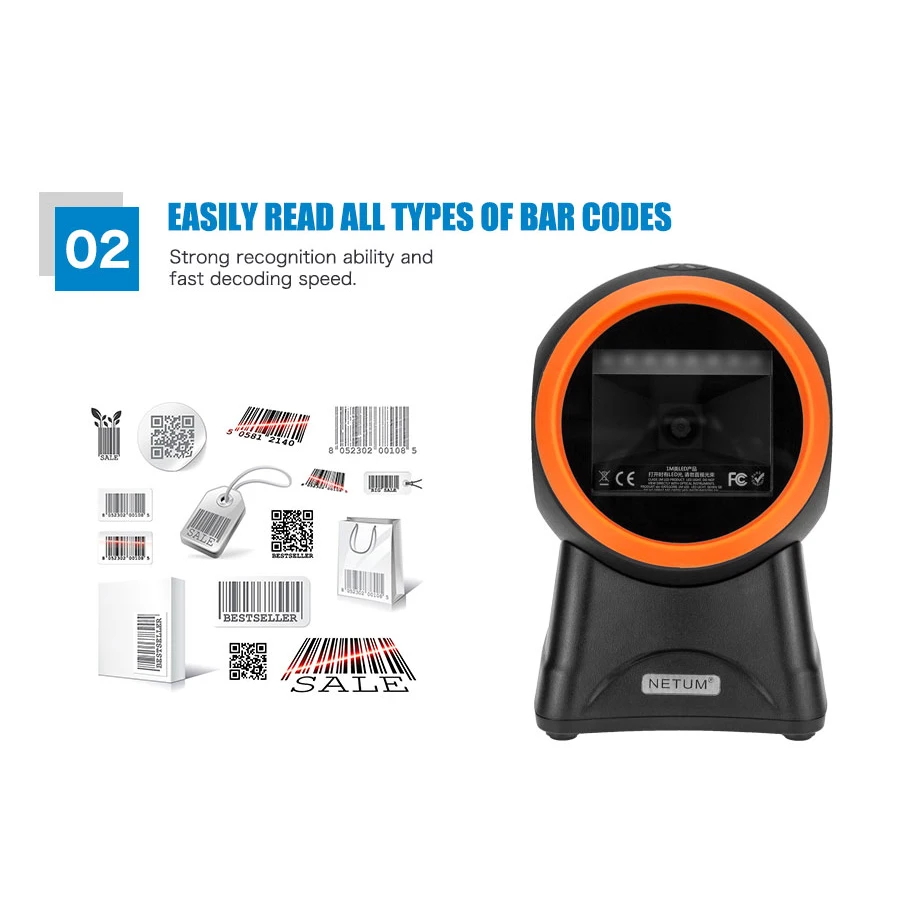 NT-2050M 2D / QR Omnidirectional Barcode Scanner pdf417 AND NT-2030 1D Flatbed Desktop Bar code Reader for Store NETUM