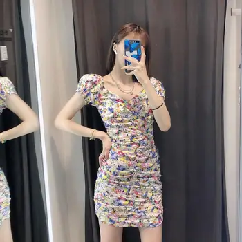 

2020 New Summer Women Mini Dress V-neck Floral Print ladies Slim Sexy Package Hip Pleated Short Dresses Clothes