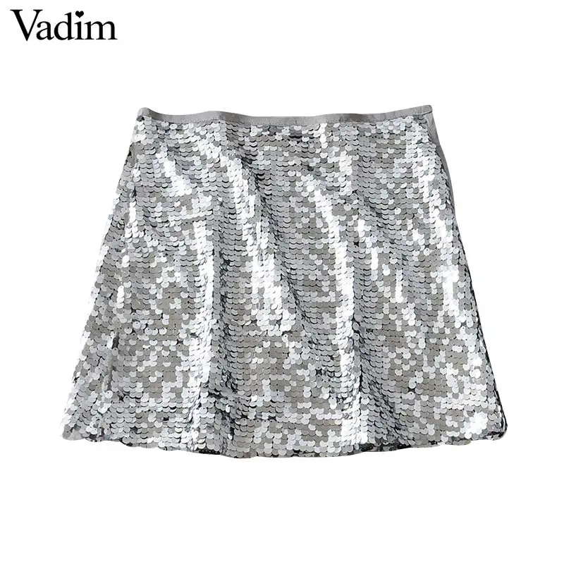 

Vadim women sexy shiny sequined mini skirt side zipper A line party club wear female chic stylish solid skirts mujer BA742