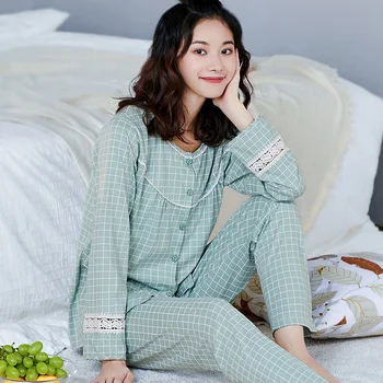 

100% Cotton Pajamas For Women Long Sleeve Button Pajamas Set 2pieces Spring Fall Ladies Checker Soft Cotton Sleepwear Green