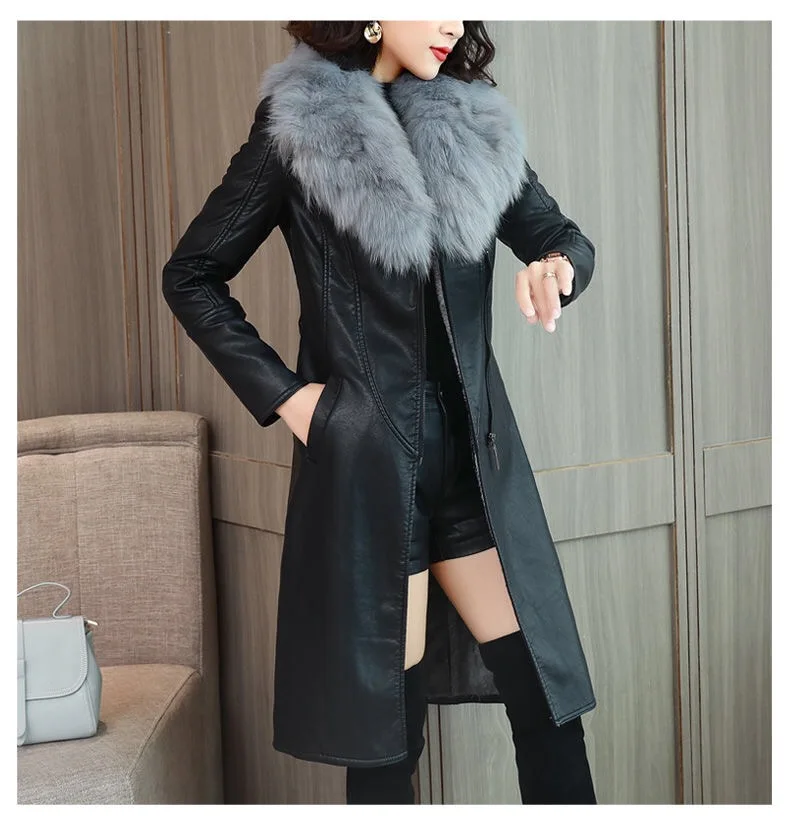 Женская черная кожаная куртка для зимы, новое вельветовое теплое приталенное длинное кожаное пальто с большим меховым воротником, женская верхняя одежда M-4XL - Color: Gray