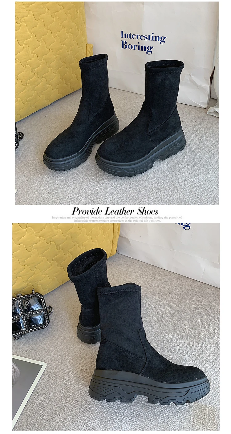 LMCAVASUN Platform Ankle Boots Shoes Woman Suede Equestrian Winter Thick Sole Lace-up Women Shoes Waterproof Martin Boot