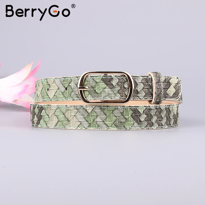 Зеленый BerryGo женское платье со змеиным узором джинсы кожаный пояс принт змеиной кожи женский пояс из искусственной кожи Золотая квадратная игла пояс на пряжке - Цвет: Зеленый
