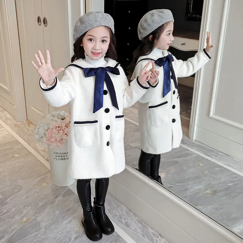 

Kids Jackets for Girls 10 Years Bow Tie Fashion Winter Jackets For Girls 2019 Woolen Outerwear Warm Kids Long-Sleeved Clothing