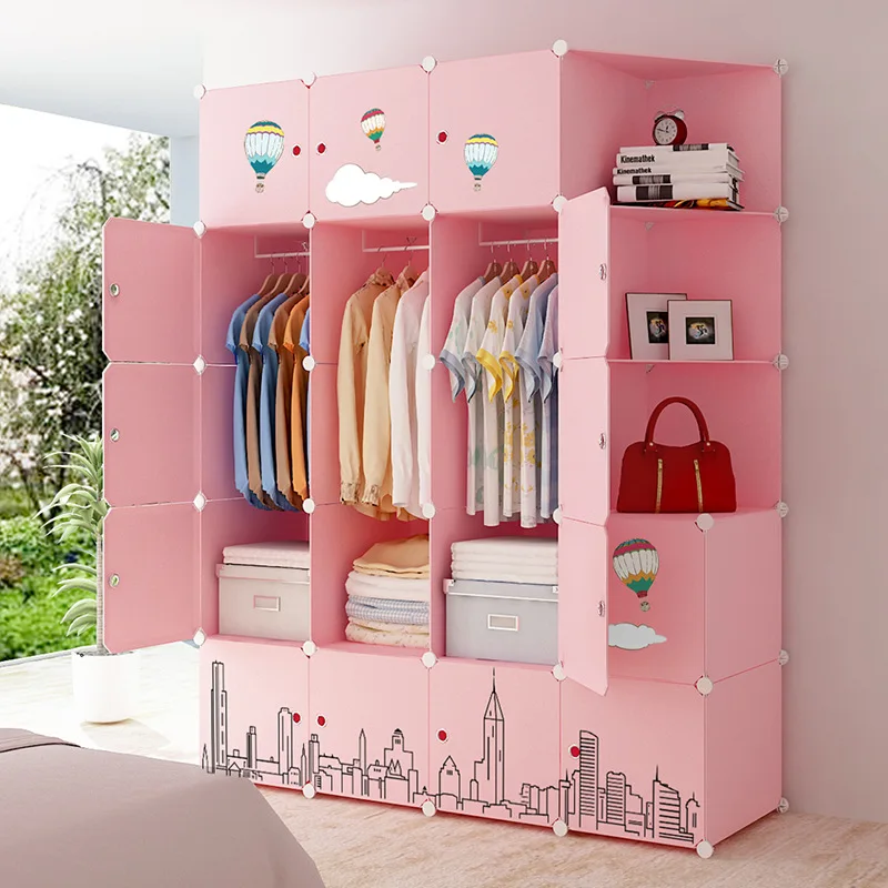 

Simple Wardrobe Assembly Single Person Bedroom Renting Economical Household Storage Hanging Imitation Wood Plastic Wardrobe Cabi