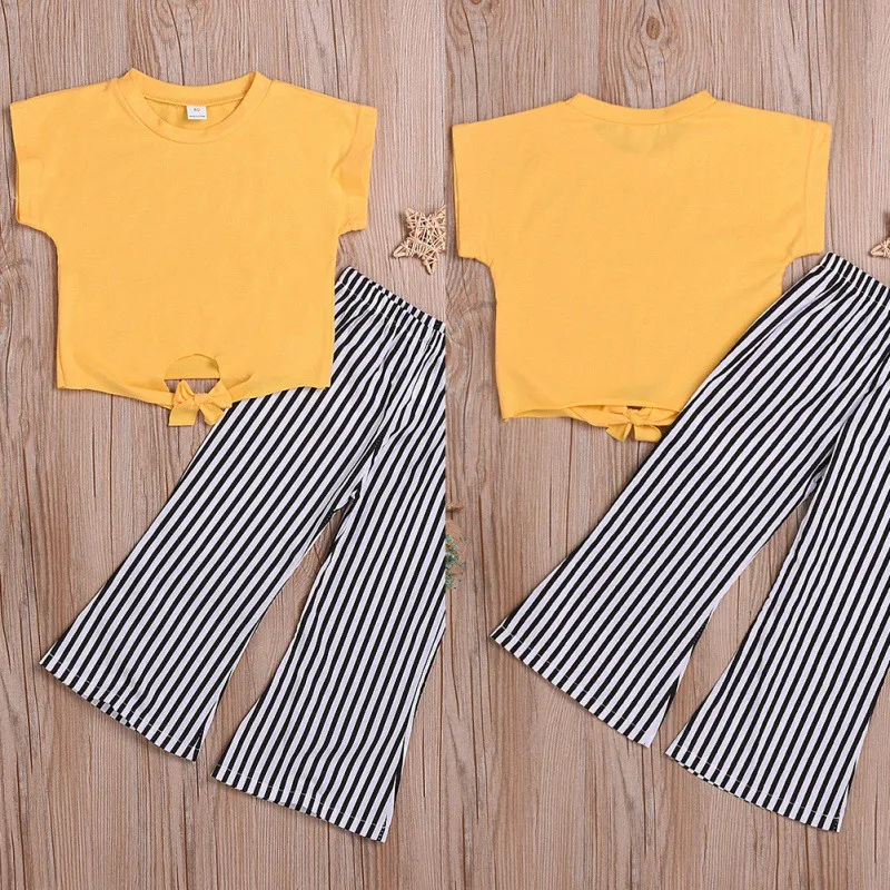 

2Pcs/Set Summer Baby Girls Casual Solid Color Short Sleeve T-shirt Tops+Striped Print Pants Suits