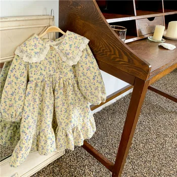 

2020 Winter Children Cotton Long Sleeve Casual Thicken Lapel Floral Sanding Princess Dresses Girls Baby Pastoral Lace Dress