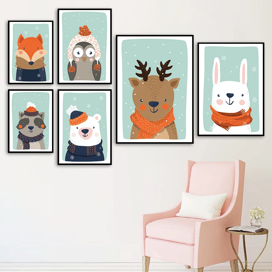 

Reindeer Rabbit Fox Raccoon Christmas Cartoon Wall Art Print Canvas Painting Nordic Posters And Prints Wall Pictures Kids Room