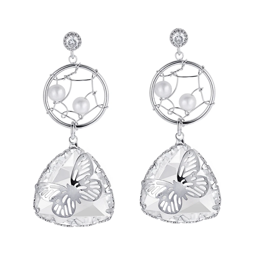 Rhodium Plated NEOGLORY серьги-капли в форме бабочки с кристаллами и жемчугом для женщин, яркие подарки для девушек, для офиса - Metal Color: Rhodium Plated