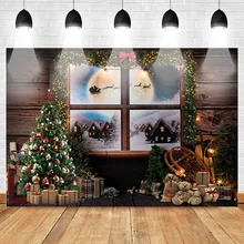 Рождественский фон с окнами для фотосъемки зимний X-mas светильник Луна Рождественская елка фон деревянные подарки игрушка Фотофон