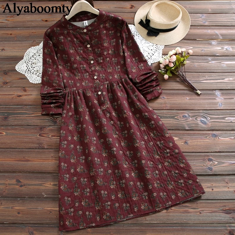 

Mori Girl Autumn Spring Women Loose Dress Stand Collar Floral Printed Cotton Linen Baggy Dress Wine Red Dark Gray Vintage Dress