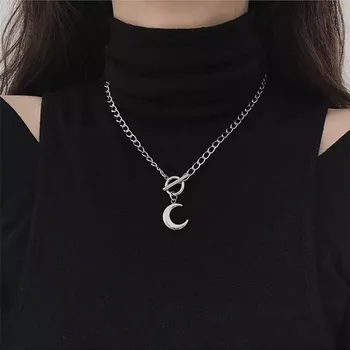 

Popular Girl Necklace 2020 Fashion Necklace Crescent Moon Ring T-shaped Buckle Stainless Steel Moon Necklace Women Bohemio