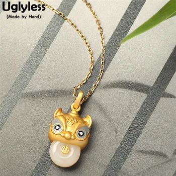 

Uglyless China Chic Lion Pendants for Women Natural Hotan Jade Peace Buttons Necklaces NO Chains Gold Animals 925 Silver Jewelry
