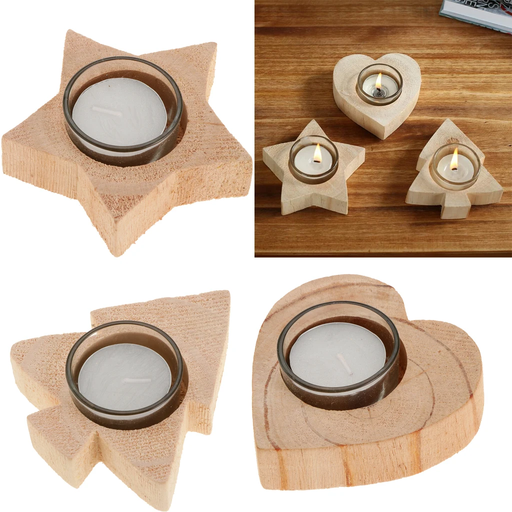SOLID WOOD CANDLE TEA LIGHT HOLDER NATURAL XMAS WEDDING HOLIDAYS CANDLESTICK - Star, Xmas Tree, Heart Shape