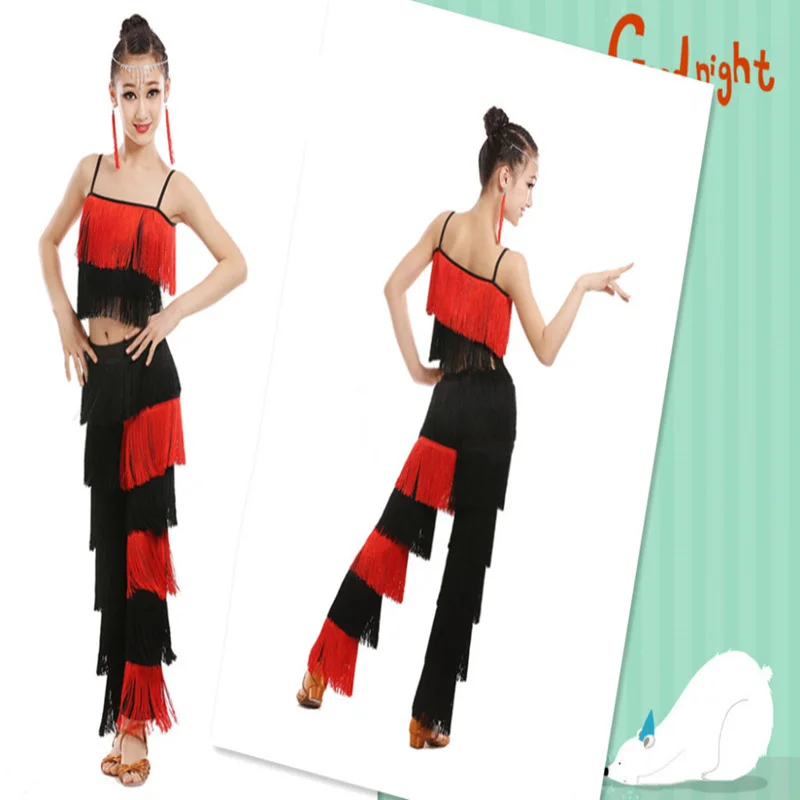 Dance Dress Latin Dance Dress For Kids Girls Adult Ballroom Tassel Fringe Tops Pants Salsa Samba Costume Children Dance Competition Costume