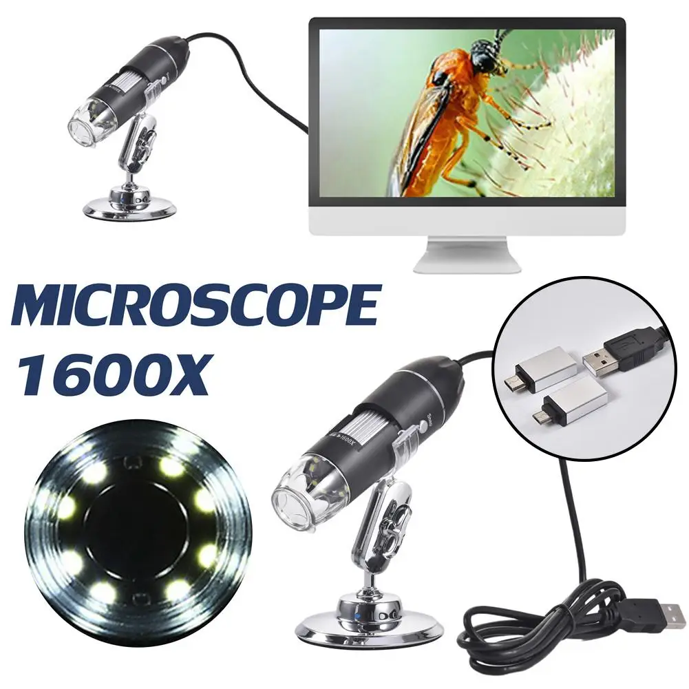 

3 In 1 Digital Microscope Endoscope 1600X Portable Two Adapters Support Windows Android Phones Magnifier