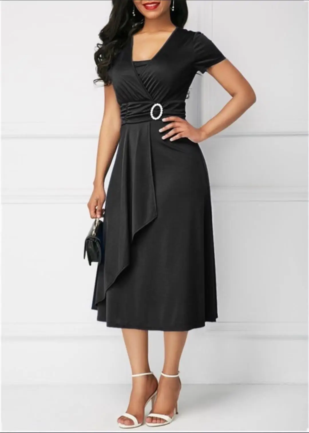Модное однотонное платье с высокой талией, простое асимметричное платье средней длины, Повседневные Вечерние платья с коротким рукавом, элегантное женское платье размера плюс S-5XL