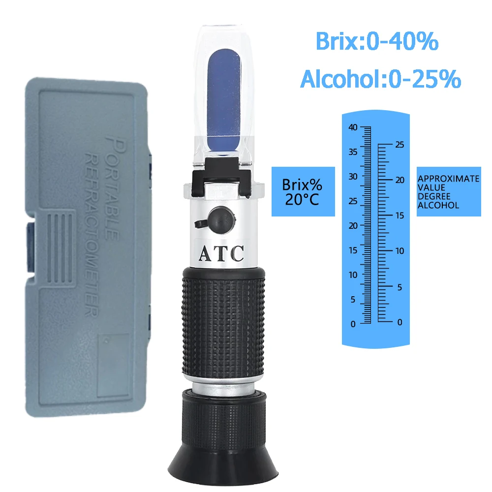 

Handheld Wine Refractometer 0-25% Alcoholometer Brix 0-40% Sugar Meter ATC Alcohol Concentration Tester Perfect for Grape Fruits