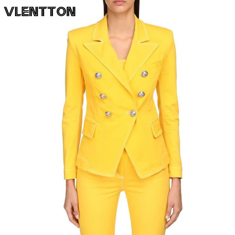 

2020 Spring Autumn Yellow Vintage Denim Two Piece Set Women's Office Blazer Jacket+Zipper Pants Suit Female Slim Jean Trousers