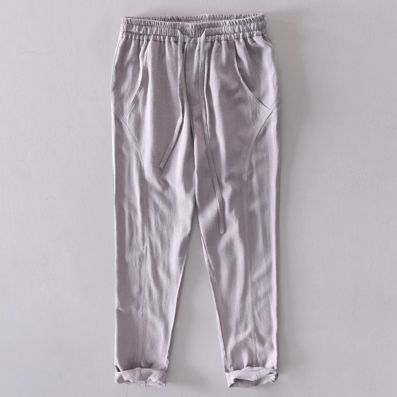 

Elastic waist long pants men linen spring and summer gray trousers men casual fashion brand pants men drop-ship broek pantaloni