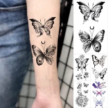 Butterfly Temporary Tattoo Sticker Abstract Flower Bouquet Moon Black Small Tatoo Arm Hand Wrist Women Glitter Tattoos Kids Art