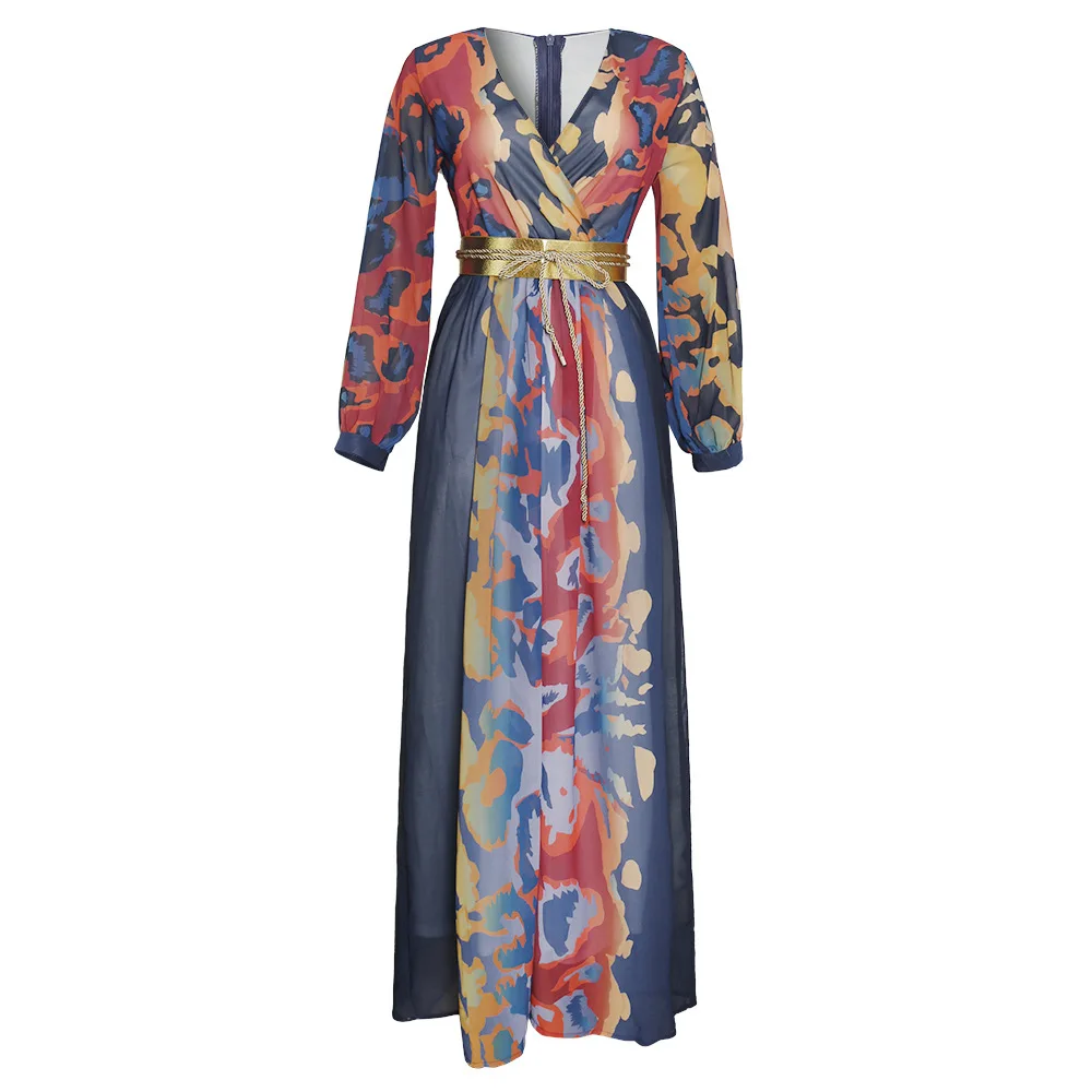 Women Dress African Plus Size Dress Leopard Dashiki Print Waist V-Neck party Long Sleeve Dress African Robe New Fashion Spring