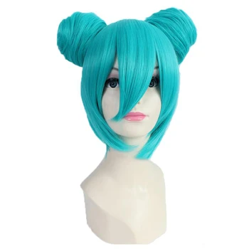 

Hatsune Miku Vocaloid Cosplay Wig with Buns Blue Short Hair Cosplay Costume Synthetic Wigs Halloween Party Anime Pelucas