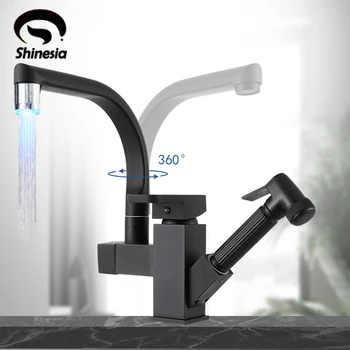 Shinesia Kitchen Faucet Matte Black/Chorme LED Pull Out Bidet Spray Hot and Cold Water Mixer Tap 360 Degree Rotation Sink Crane 1