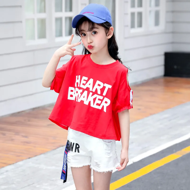 

Childrenswear 2019 New Style Summer GIRL'S Suit Big Boy off-Shoulder T-shirt Jeans Two-Piece Set