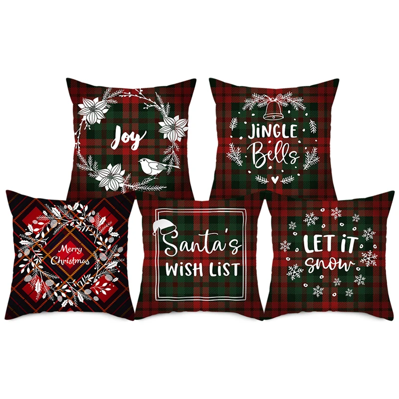 

Fuwatacchi Merry Christmas Gift Cushion Cover Polyester Red Plaid Decoration Pillow Cover for Home Sofa Throw Pillowcase 4pcs
