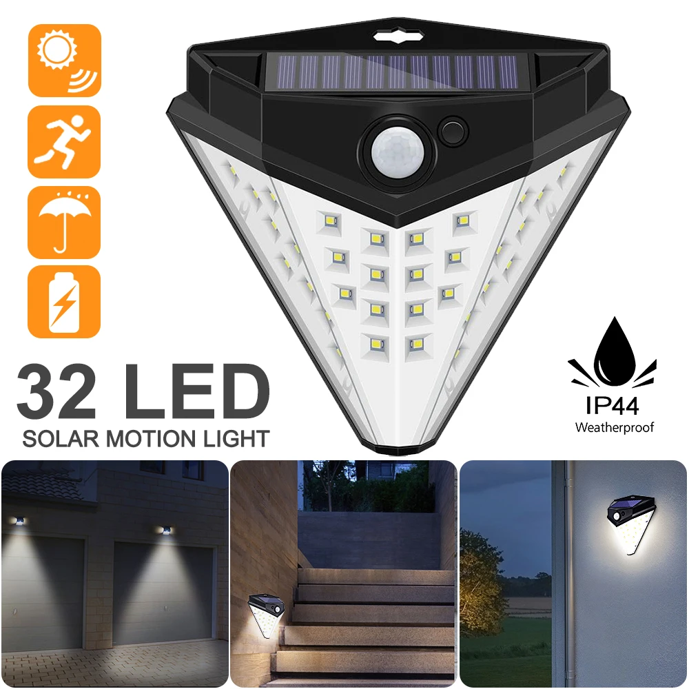

32LED Solar Power Motion Sensor Light Outdoor Waterproof IP44 Three-sided Illumination Triangular Wall Lamp Outdoor Wall Lamp
