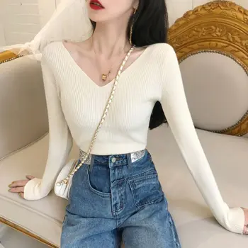 

Women Basic Knitted Sweater Long Sleeve Sexy V-Neck Layering Slim Fit Stretch Tees Shirts Solid Color Pullover Jumper Tops
