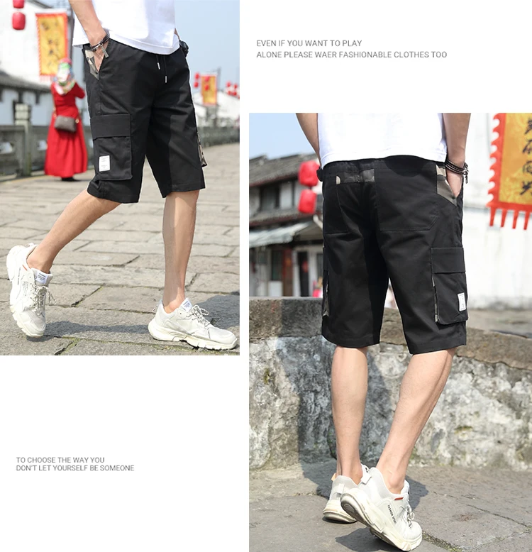 Men's Summer Casual Fashion Solid Color Tooling Shorts Loose Straight Khaki Army Green Black Men's Sports Shorts Asian Size