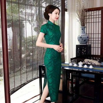 

Sexy Vintage Print Flower Lady Qipao Oversize 3XL 4XL Women Chinese Style Cheongsam Lace Vestidso Evening Party Dresses