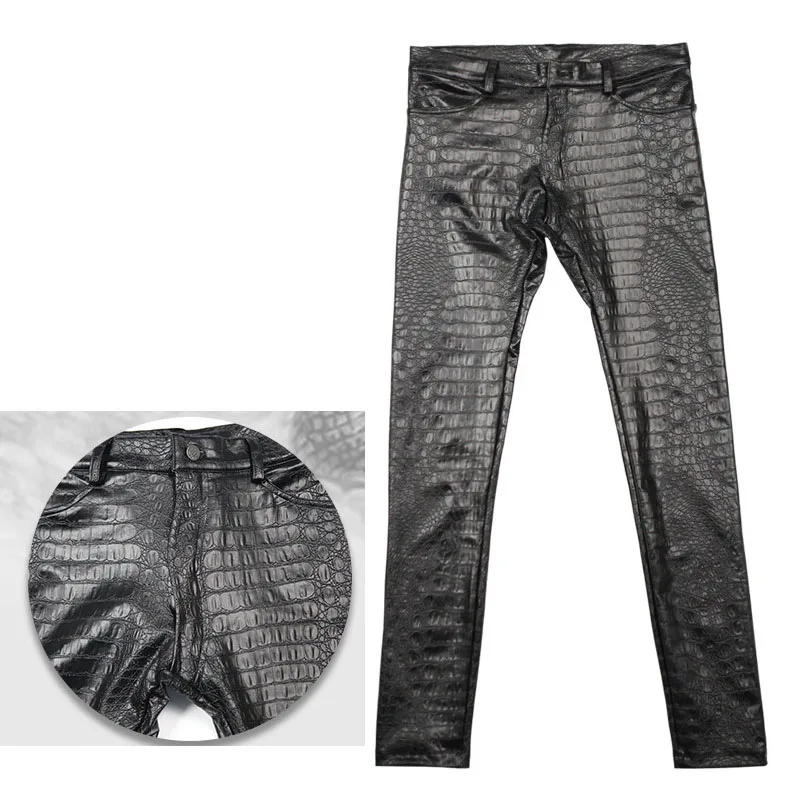 

Men Pencil Pants 3 D Intaglio Printing Crocodile Grain Legging PU Leather Casual Jean Boots pants Skinny Solid Printing Trousers