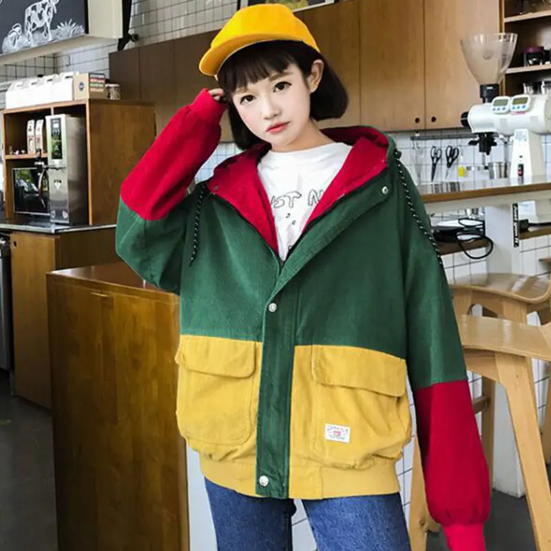 

Philosophy color block Long Sleeve Corduroy Women jacket Patchwork Autumn women Jacket plus size women button female coat