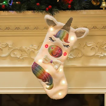

44cm Christmas Sock Stocking with Light Christmas Decorations for Home Gift Bags for Children Navidad 2021 Unicorn Candy Holder