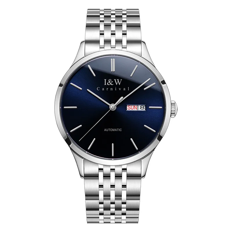 I& W Reloj модные механические часы для мужчин карнавал автоматические нержавеющая сталь мужские s часы лучший бренд класса люкс водонепроницаемые мужские часы - Цвет: silver blue
