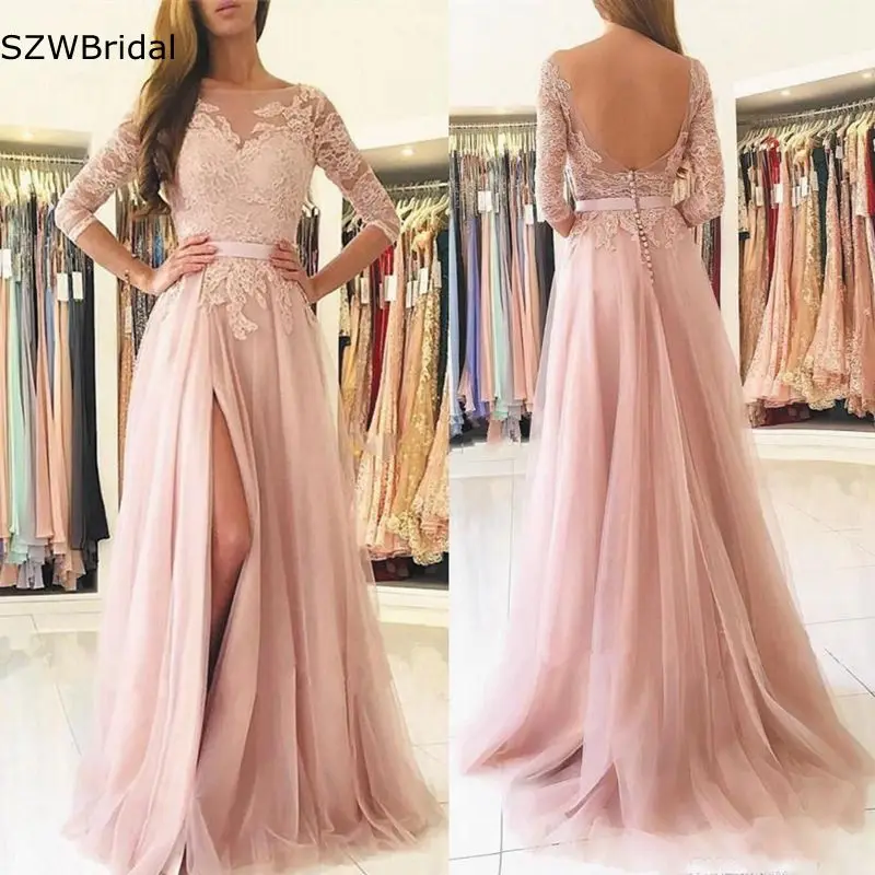 New Arrival Pink Prom Dresses Long Sleeve Lace Applique Elegant Cheap Gown Robe De Soirée Mariage evening dress | Свадьбы и