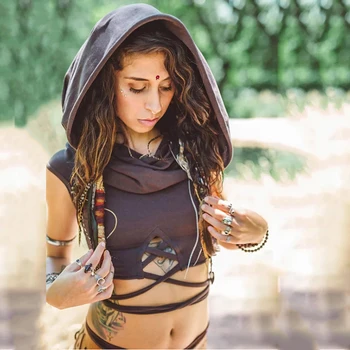

Women Vests Autumn Summer Bandage Crop Top Clothing Fashion Casual Loose Hooded Sleeveless Hollow Out Tank Top