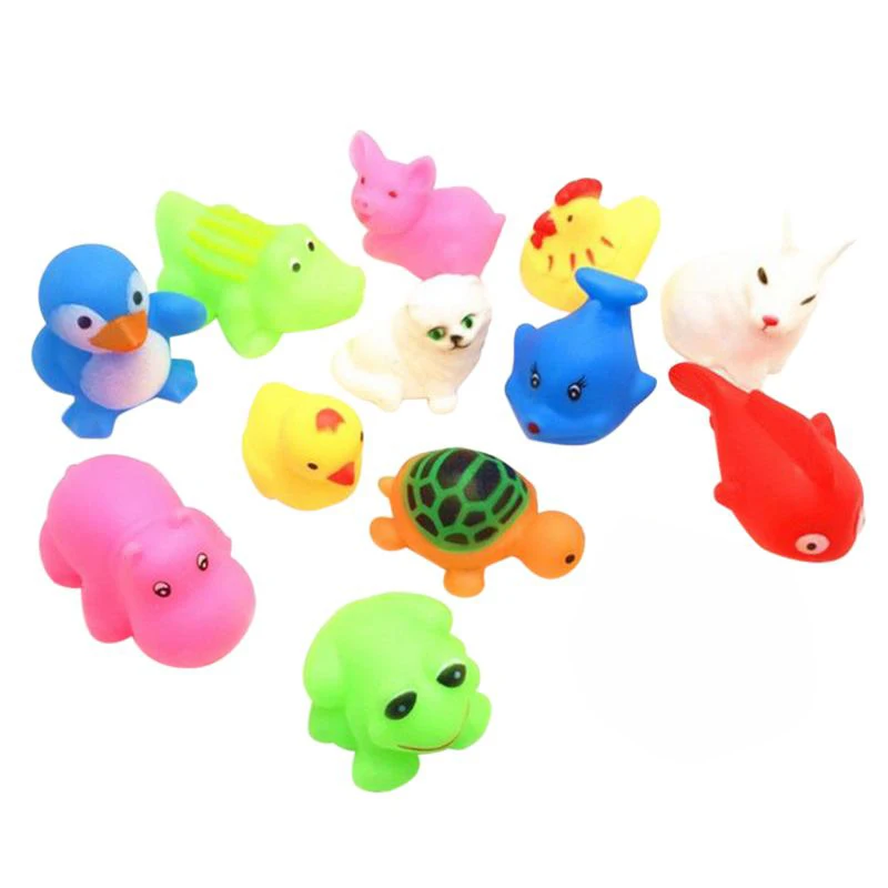 13CS Bag Bath Toy Animals Swimming Water Toys Mini Colorful Soft Floating Rubber Duck Squeeze Sound Funny Gift For Baby Kids