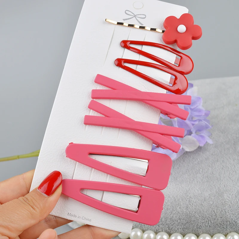 7 Pcs/Set Girls Cute Flower 5 cm Hairpins Children Lovely Hair Clips Barrettes Solid color Snap Headband Kids Hair Accessories - Цвет: watermelon red set