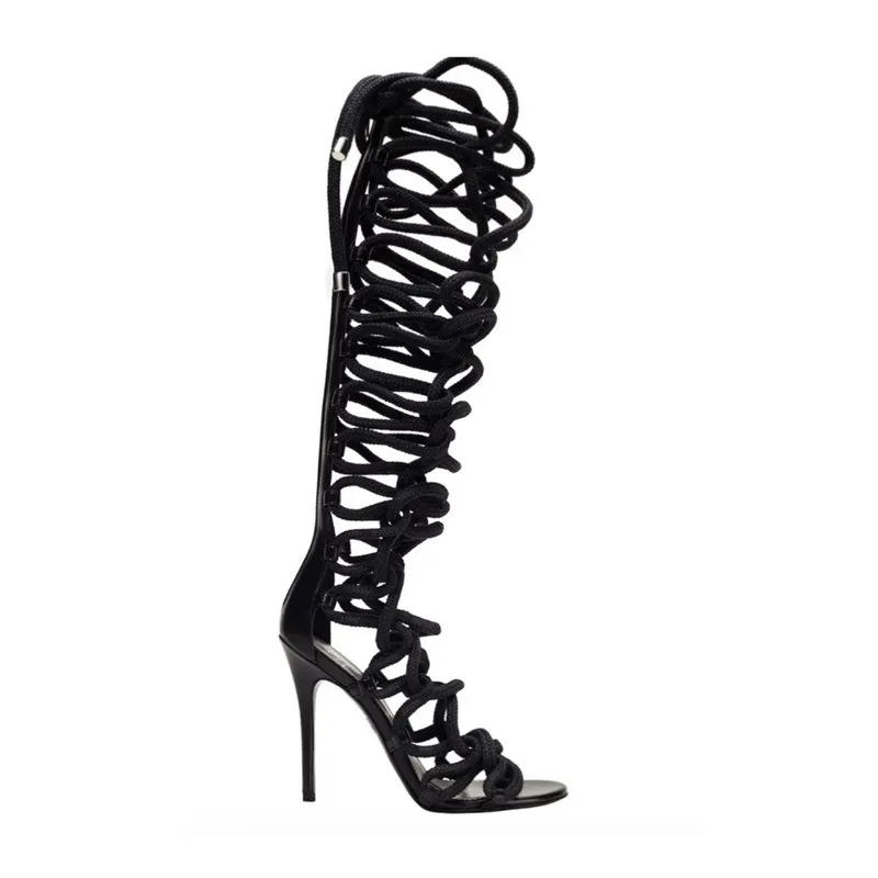 Summer Gladiator Rope Sandals Boots Women Roman Open Toe Cross-tied Knee High Boots Femme Beach High Heel Shoes Woman Botas