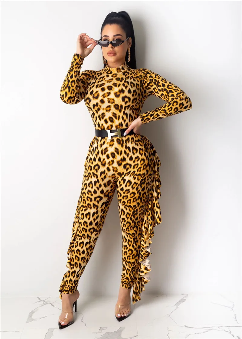 Gold Silver Leopard Print Ruffle Jumpsuit Turtleneck Long Sleeve Bodysuit Casual Skinny Romper Night Club Party Overalls Outfit