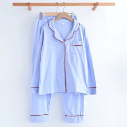 Spring and Autumn Japanese New Couple 100% Cotton Knitted Pajamas Two-piece Long-sleeved Trousers Four Seasons Home Service Suit