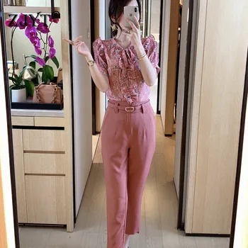 

Women Designer Runway Pants Set Summer 2020 New Designers Elegant Lady Work Outfits Print Chiffon Blouse and Pants Suit Sets