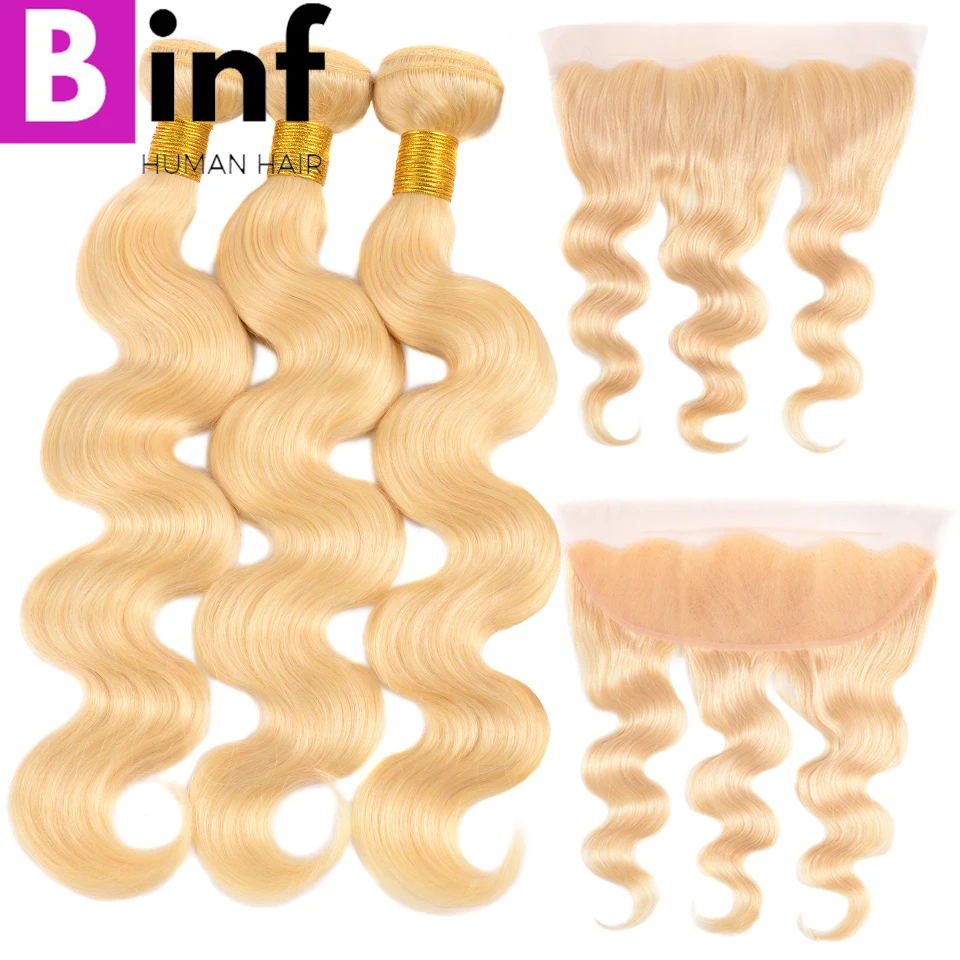 

BINF 613 Blonde Bundles With Frontal Brazilian Body Wave 3 Bundles With Frontal Remy Blonde Human Hair Lace Frontal With Bundle
