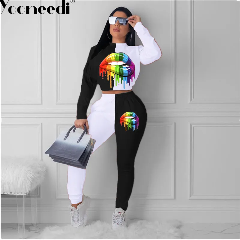 Yooneedi 2019 High Quality New Design Casual 2 Pcs Women Set Print O Neck Full Sleeve Tops Long 