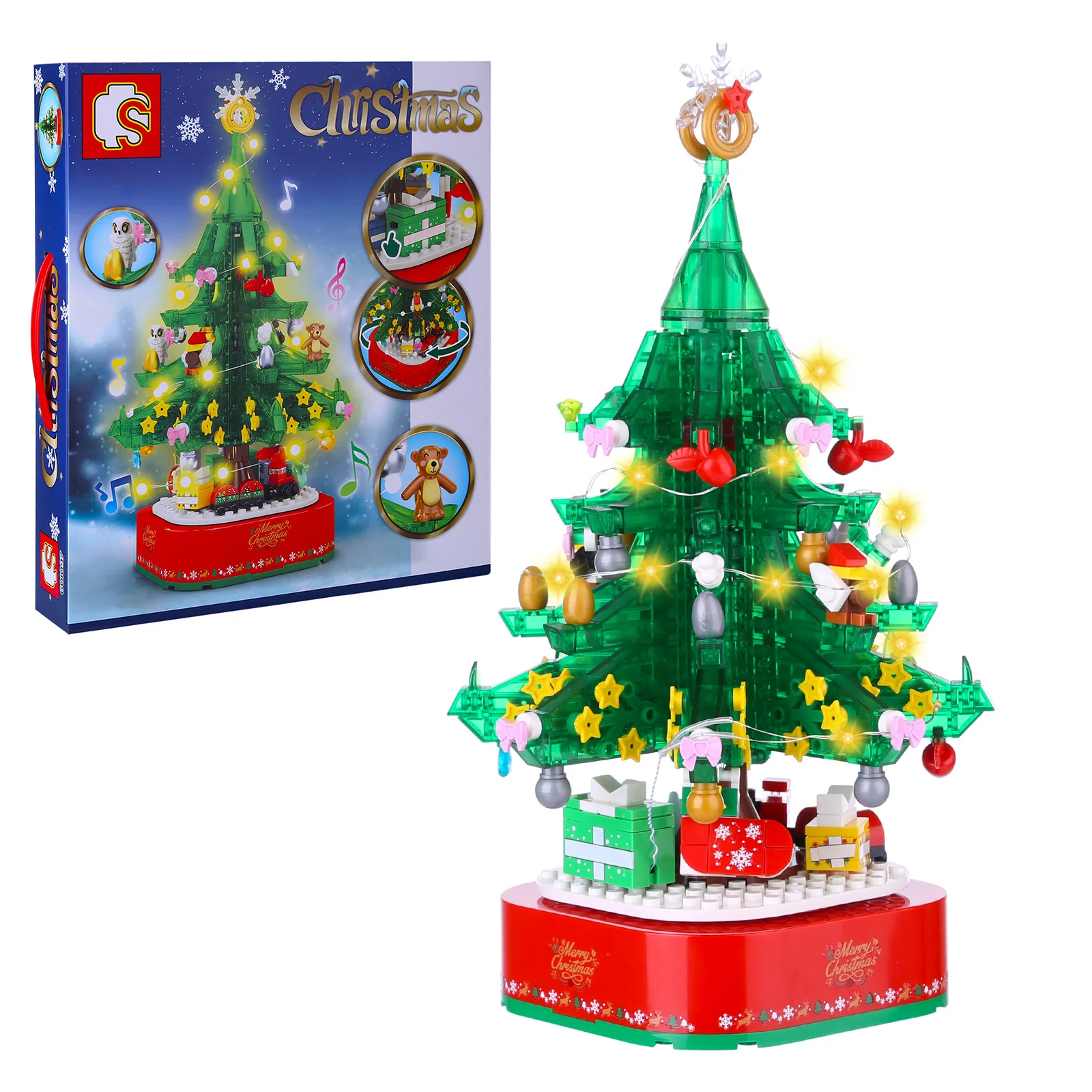 

New 486Pcs Rotating Glowing Musical Christmas Tree Building Blocks DIY Bricks MOC Toys Christmas Gift