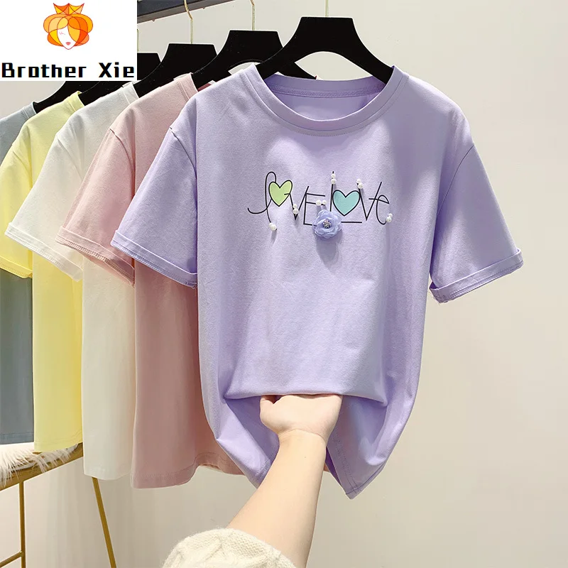 

Sweet Printed Lettered T-shirt Women's Beads Three-dimensional Flower Short Sleeve Casual Shirt Tops Summer Tshir Tees Students